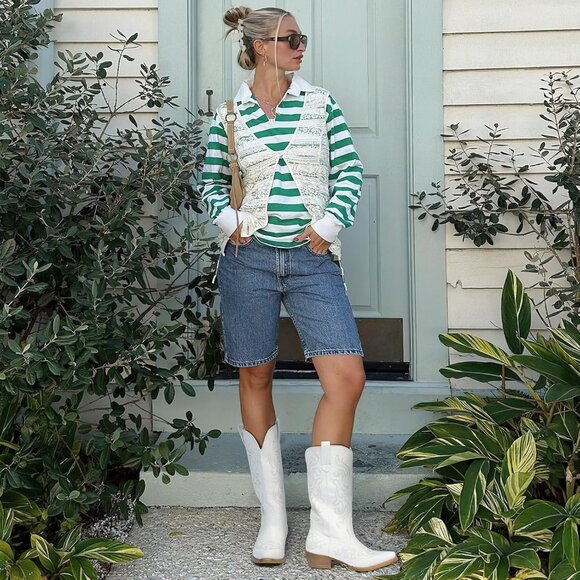 🆕Women White Synthetic Leathers Cowgirl Chunky Heel Snip Toe Mid-Calf Boots - Picture 7 of 7